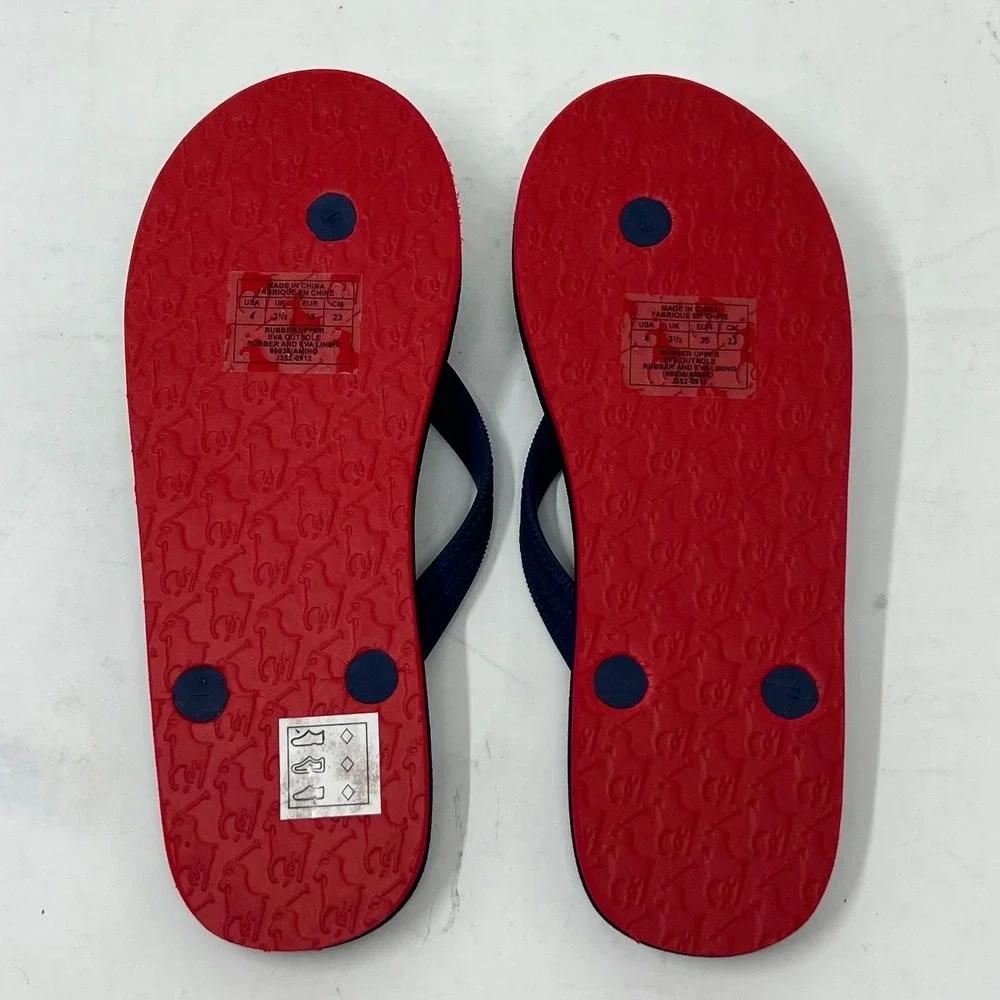 Polo Ralph Lauren Unisex Junior Flip Flop Navy/ Red Pony Logo‎ US Size 4 VTG NEW